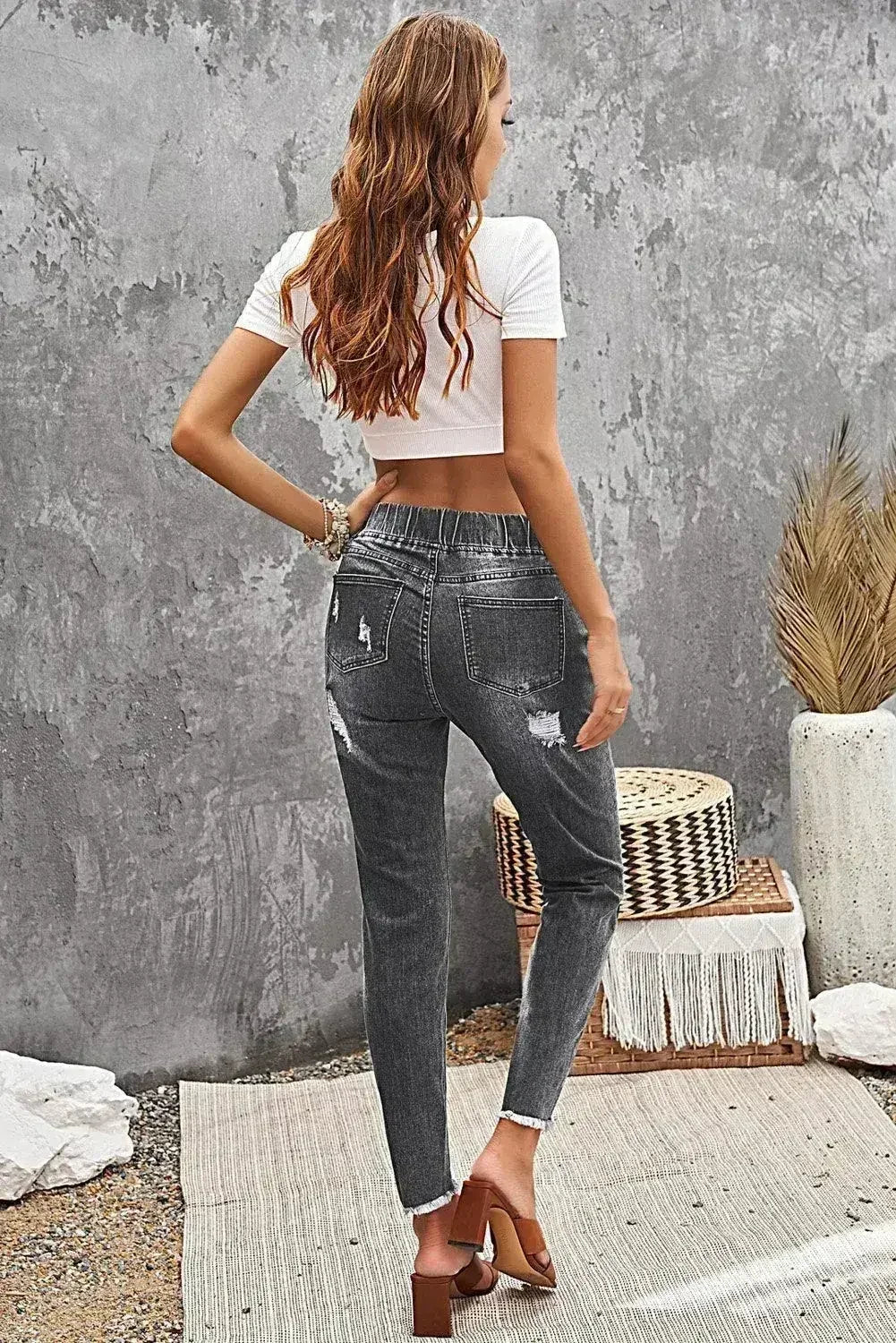 Women's Fashion Gray Drawstring Elastic Waist Hole Ripped Jeans - Femstylo