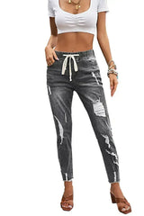 Women's Fashion Gray Drawstring Elastic Waist Hole Ripped Jeans - Femstylo