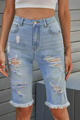 Women's Fashion Light Blue Distressed Jeans Bermuda Shorts - Femstylo