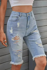 Women's Fashion Light Blue Distressed Jeans Bermuda Shorts - Femstylo