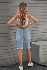 Women's Fashion Light Blue Distressed Jeans Bermuda Shorts - Femstylo