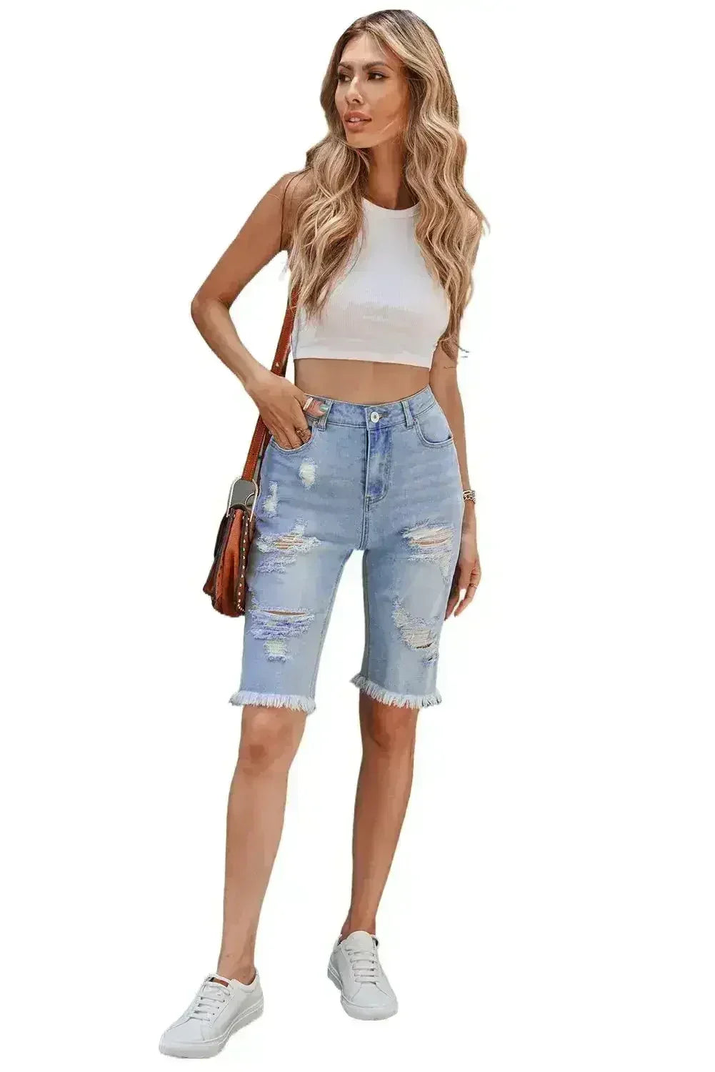 Women's Fashion Light Blue Distressed Jeans Bermuda Shorts - Femstylo