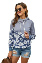 Women's Gray Floral Splicing Cowl Neck Hoodie - Femstylo