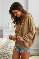 Womens Khaki Zipper V-neck Dropped Sleeve Hooded Sweater - Femstylo