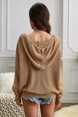 Womens Khaki Zipper V-neck Dropped Sleeve Hooded Sweater - Femstylo