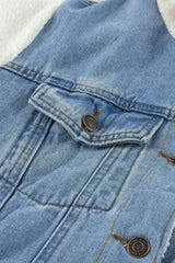 Womens Sky Blue White Sherpa Denim Splicing Buttoned Jacket - Femstylo