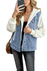 Womens Sky Blue White Sherpa Denim Splicing Buttoned Jacket - Femstylo