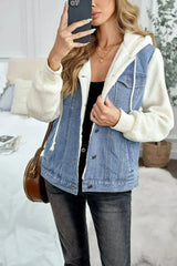 Womens Sky Blue White Sherpa Denim Splicing Buttoned Jacket - Femstylo