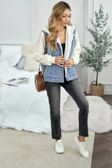 Womens Sky Blue White Sherpa Denim Splicing Buttoned Jacket - Femstylo