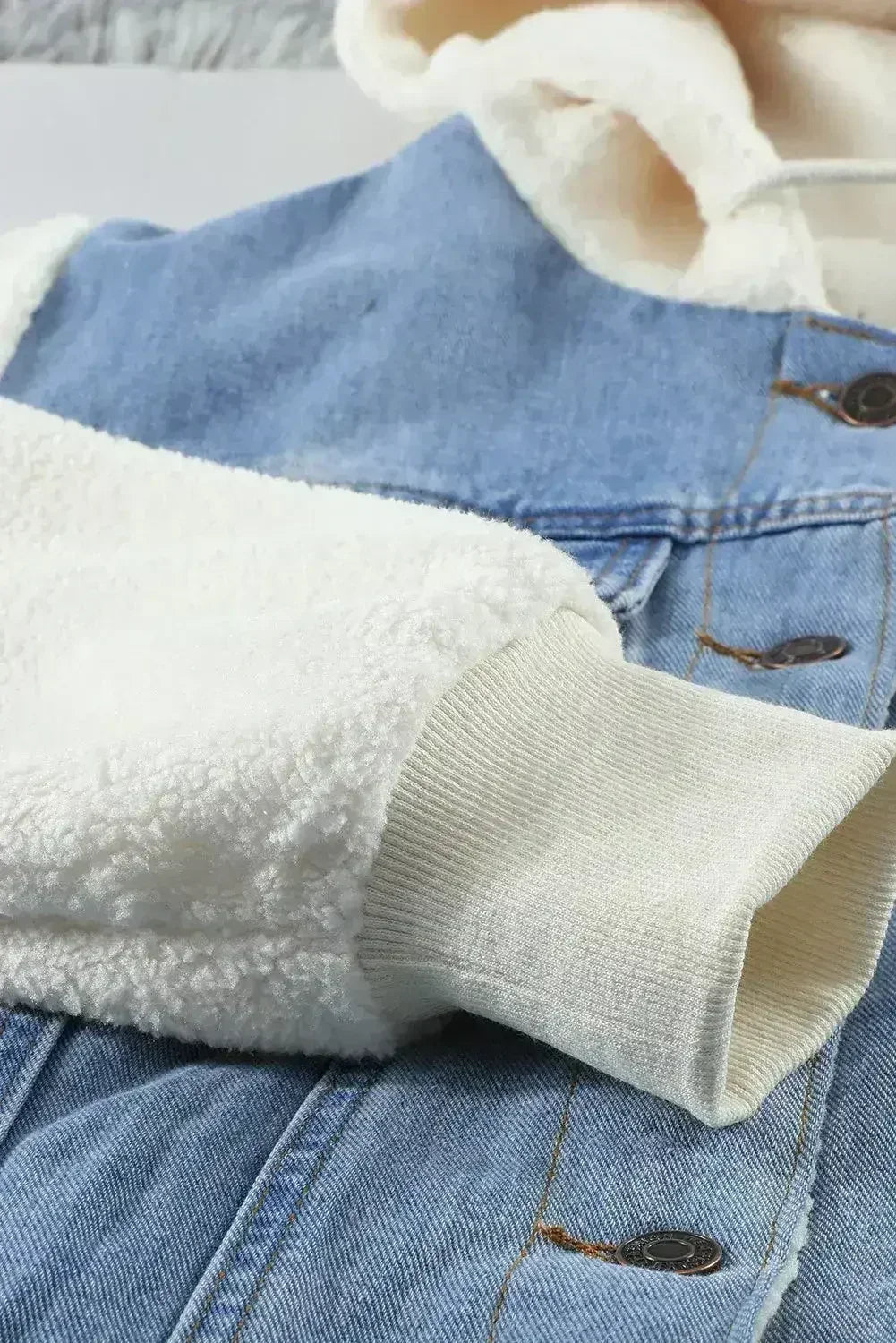 Womens Sky Blue White Sherpa Denim Splicing Buttoned Jacket - Femstylo