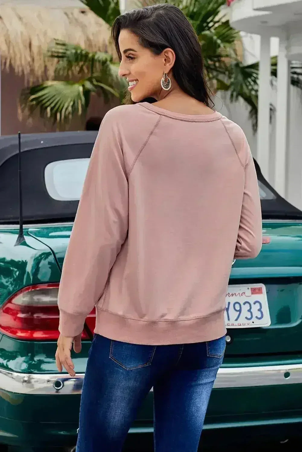 Womens Pink French Terry Cotton Blend Pullover Sweatshirt - Femstylo