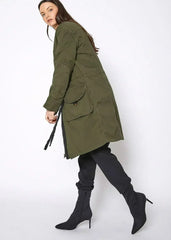 Women's Zip Up Long Utility Jacket In Olive - Femstylo