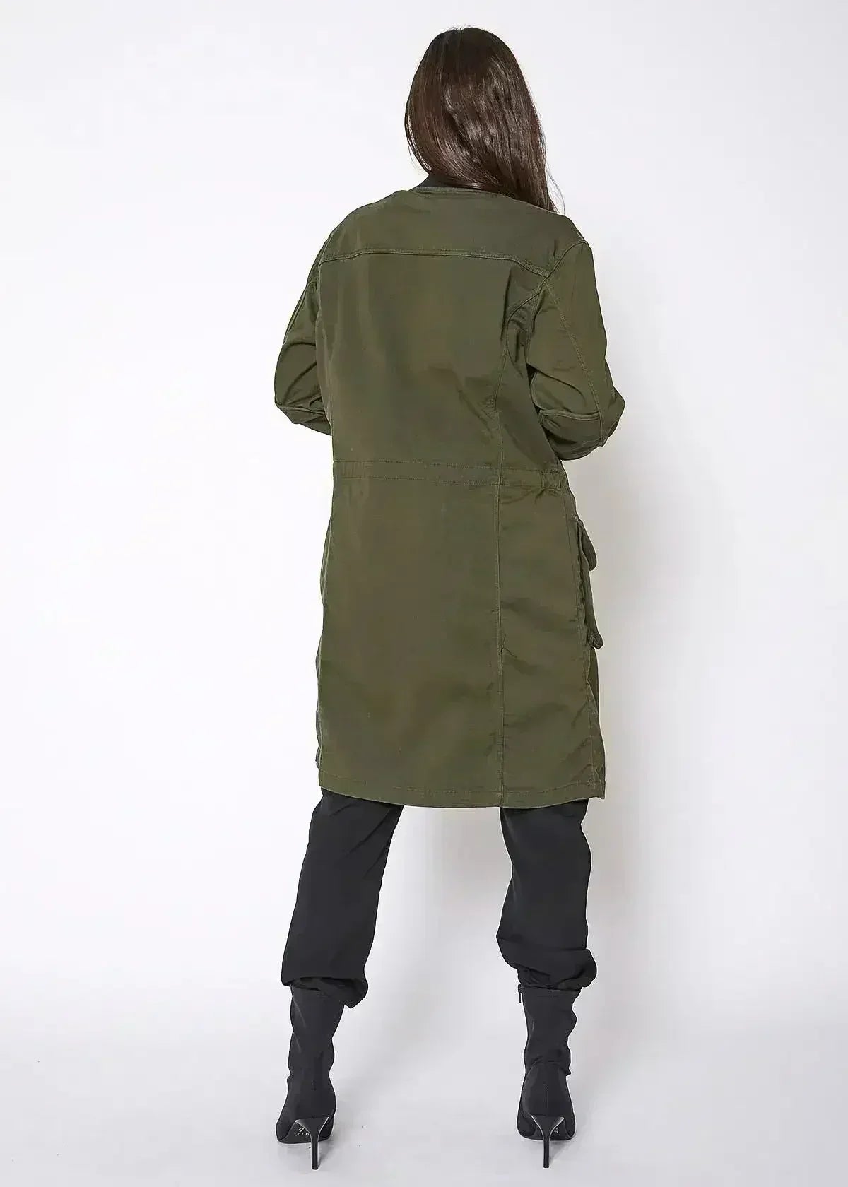 Women's Zip Up Long Utility Jacket In Olive - Femstylo