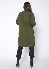 Women's Zip Up Long Utility Jacket In Olive - Femstylo