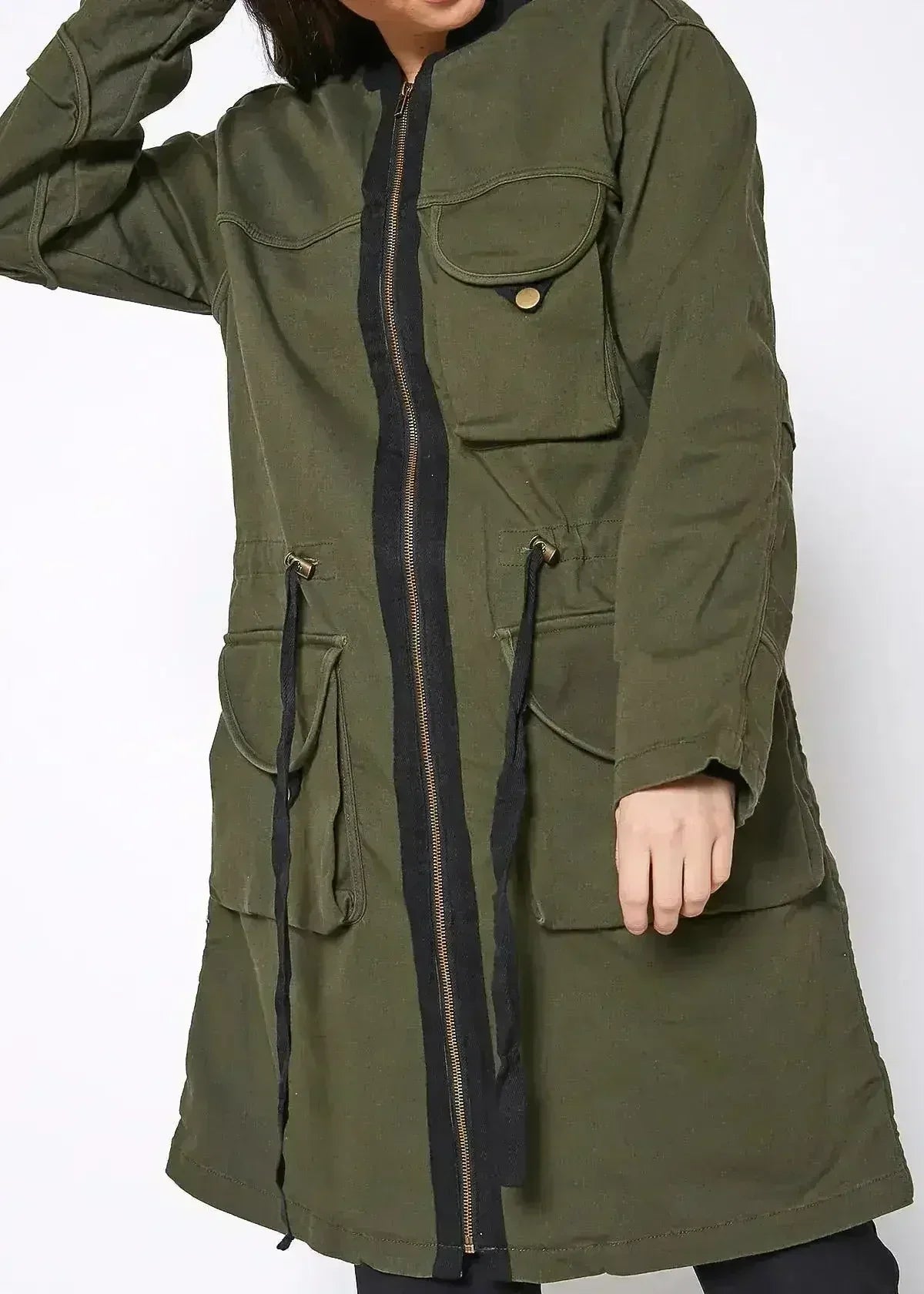Women's Zip Up Long Utility Jacket In Olive - Femstylo