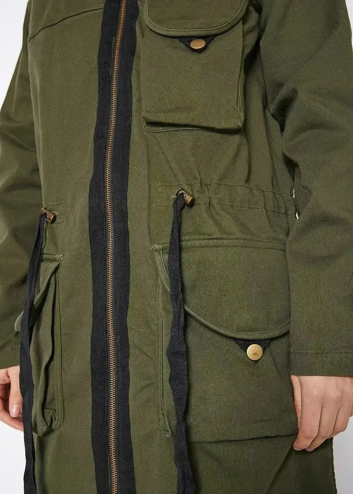 Women's Zip Up Long Utility Jacket In Olive - Femstylo