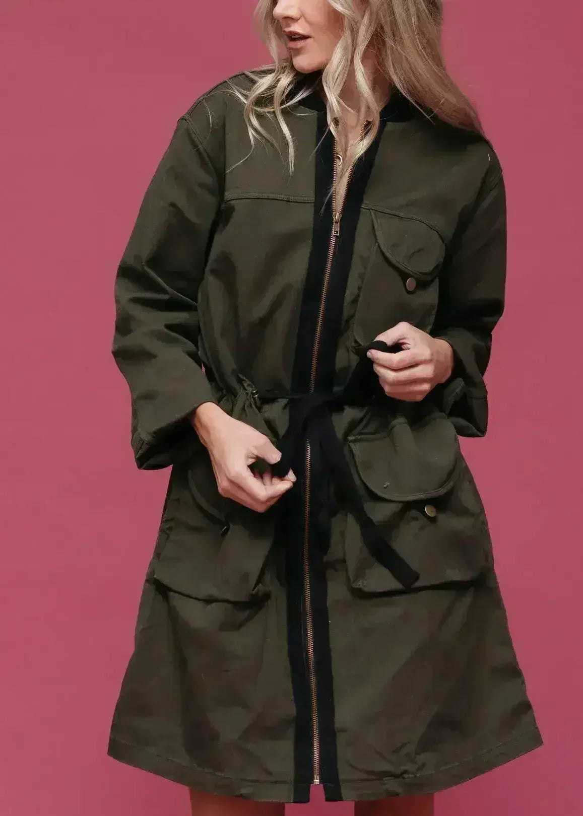 Women's Zip Up Long Utility Jacket In Olive - Femstylo