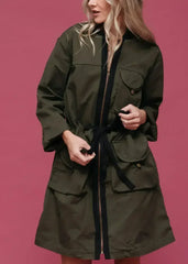 Women's Zip Up Long Utility Jacket In Olive - Femstylo