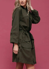 Women's Zip Up Long Utility Jacket In Olive - Femstylo