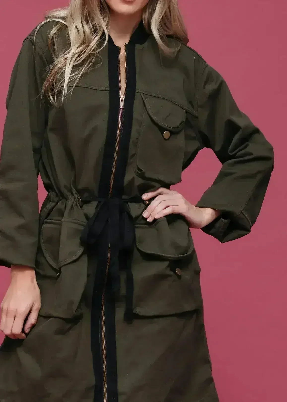 Women's Zip Up Long Utility Jacket In Olive - Femstylo