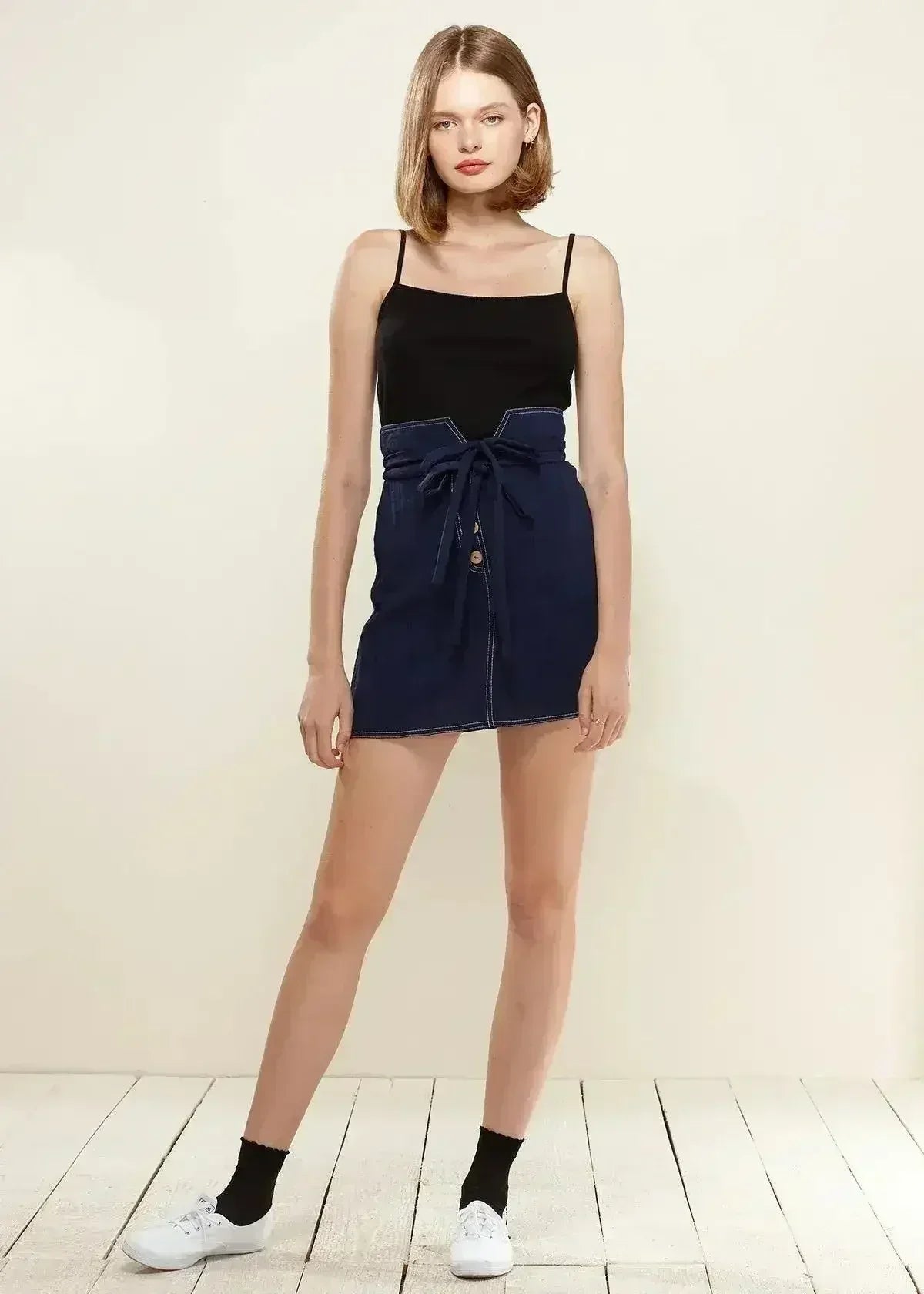 Women's Stitch Hem Double Strap High Waist Skirt in Navy - Femstylo