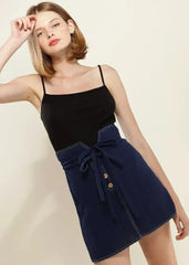 Women's Stitch Hem Double Strap High Waist Skirt in Navy - Femstylo