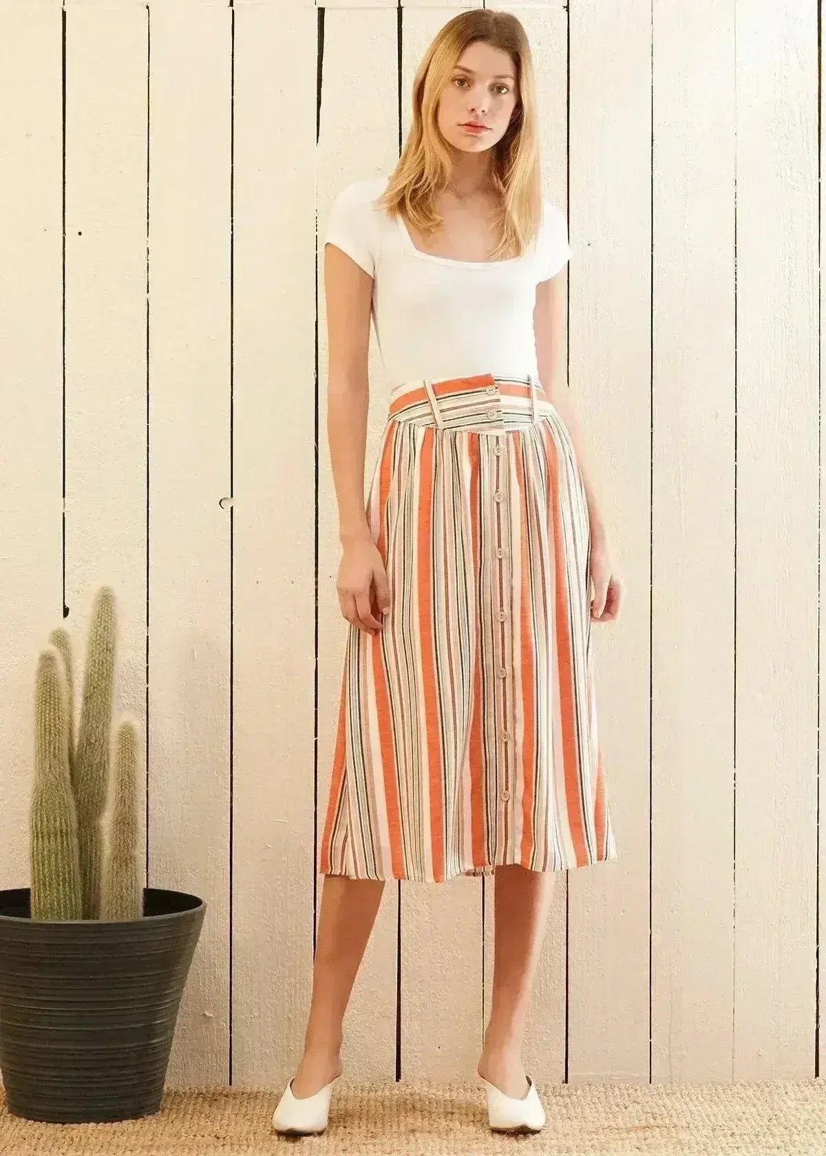 Women's Multi Stripe Button Front Midi Skirt in Rust Multi - Femstylo