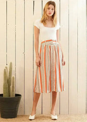 Women's Multi Stripe Button Front Midi Skirt in Rust Multi - Femstylo