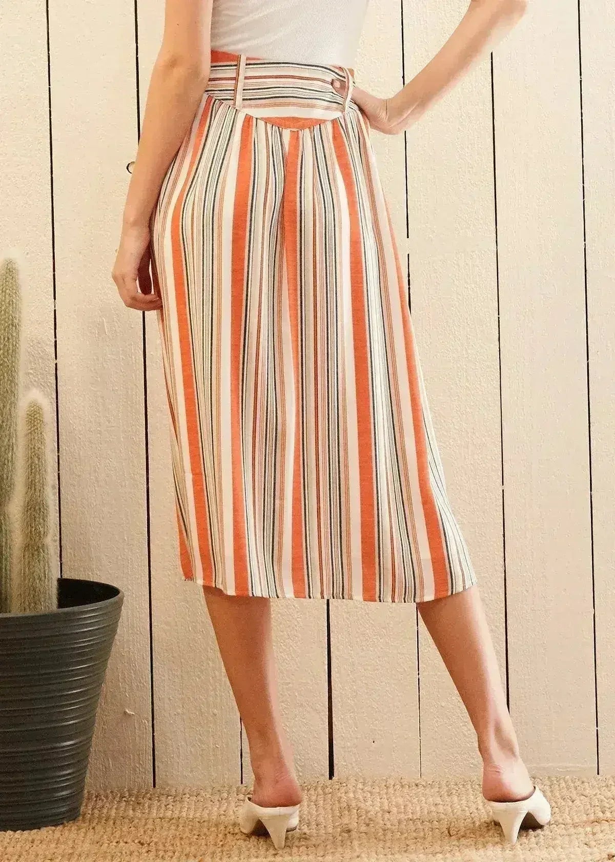 Women's Multi Stripe Button Front Midi Skirt in Rust Multi - Femstylo