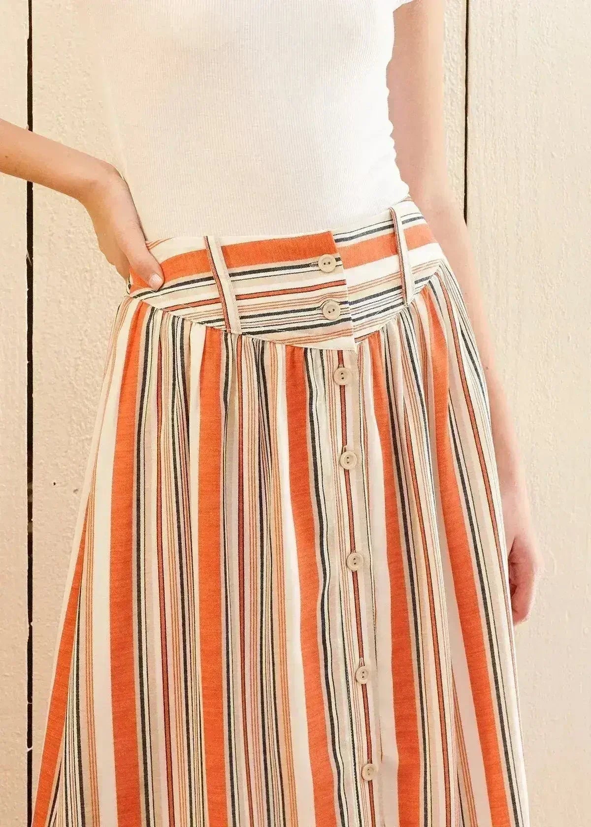 Women's Multi Stripe Button Front Midi Skirt in Rust Multi - Femstylo