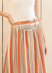 Women's Multi Stripe Button Front Midi Skirt in Rust Multi - Femstylo