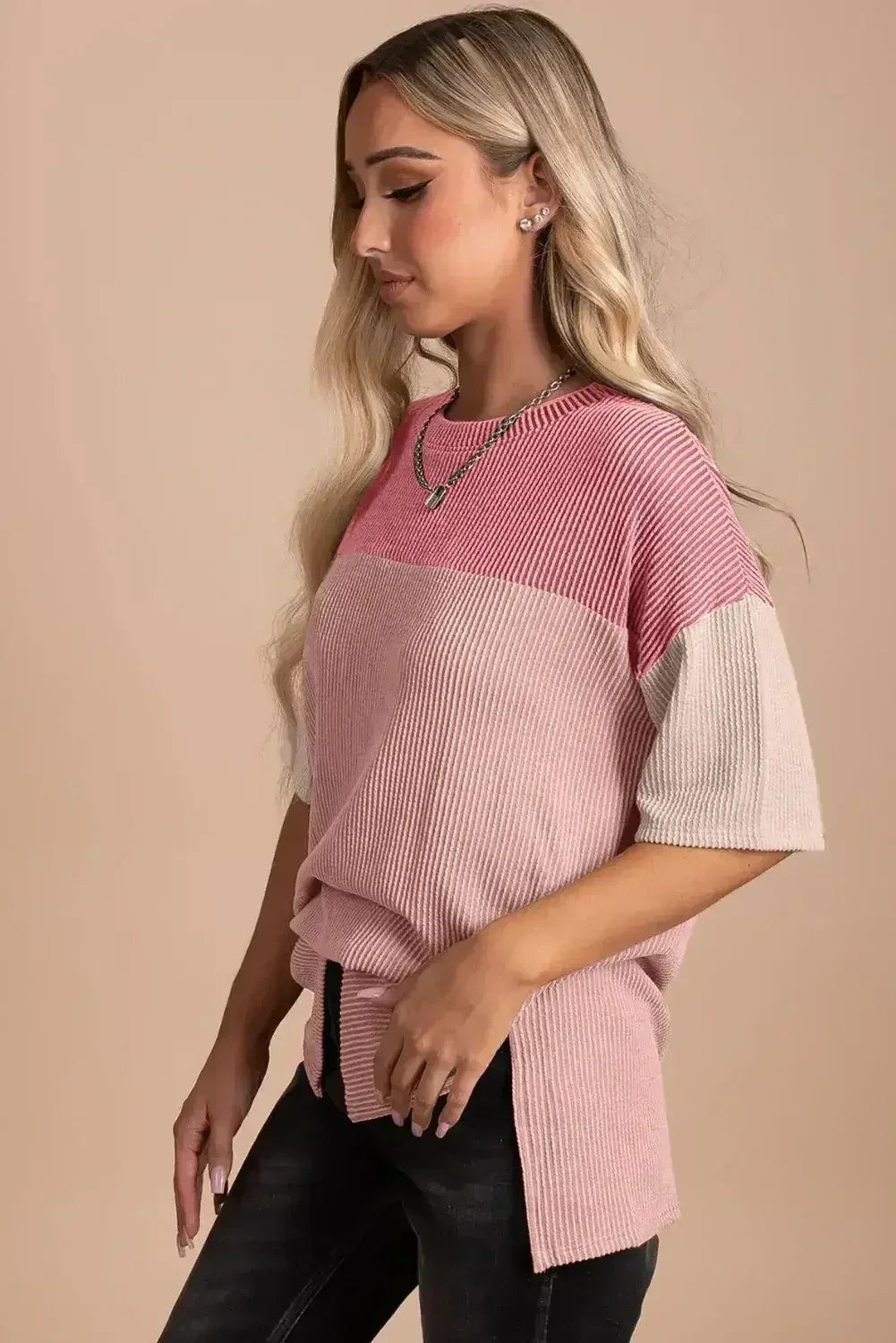 Black Color Block Ribbed Side Slits Half Sleeve Top - Femstylo