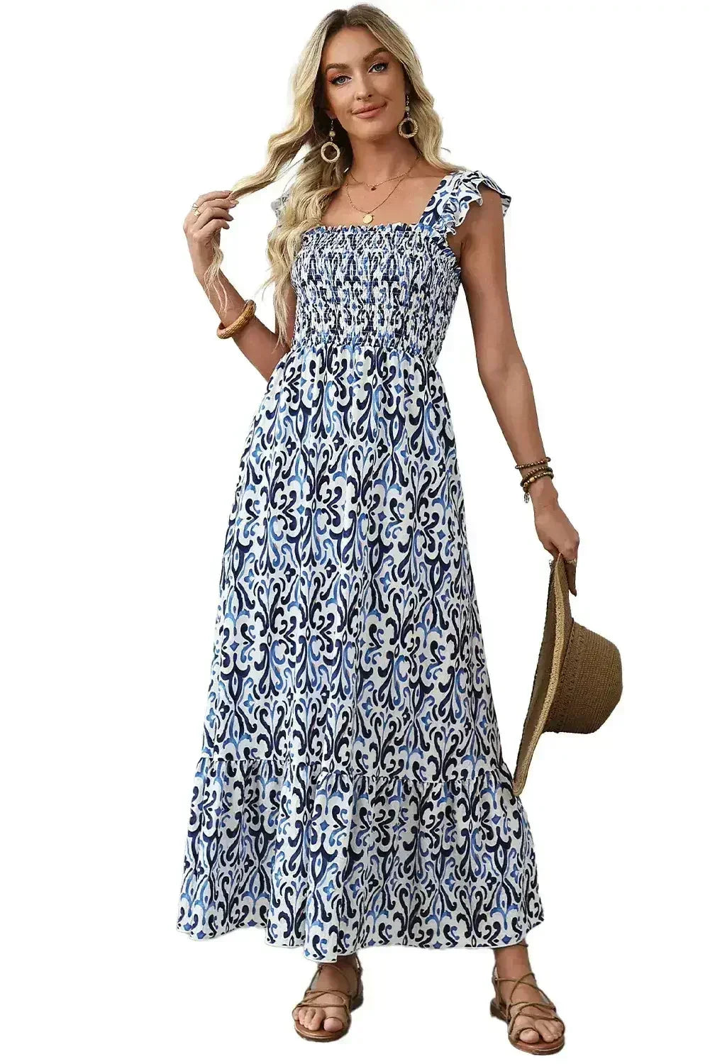 Sky Blue Boho Print Smocked High Waist Maxi Dress - Femstylo