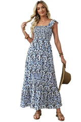 Sky Blue Boho Print Smocked High Waist Maxi Dress - Femstylo