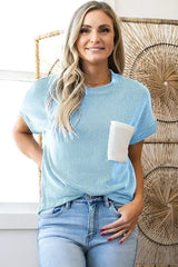 Pink Corded Colorblock Pocket Crew Neck T Shirt - Femstylo