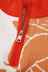 Khaki Ribbed Detail Floral Pattern Zip Collar Pullover Sweater