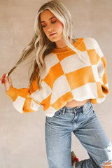 Orange Checkered Bishop Sleeve Sweater - Femstylo