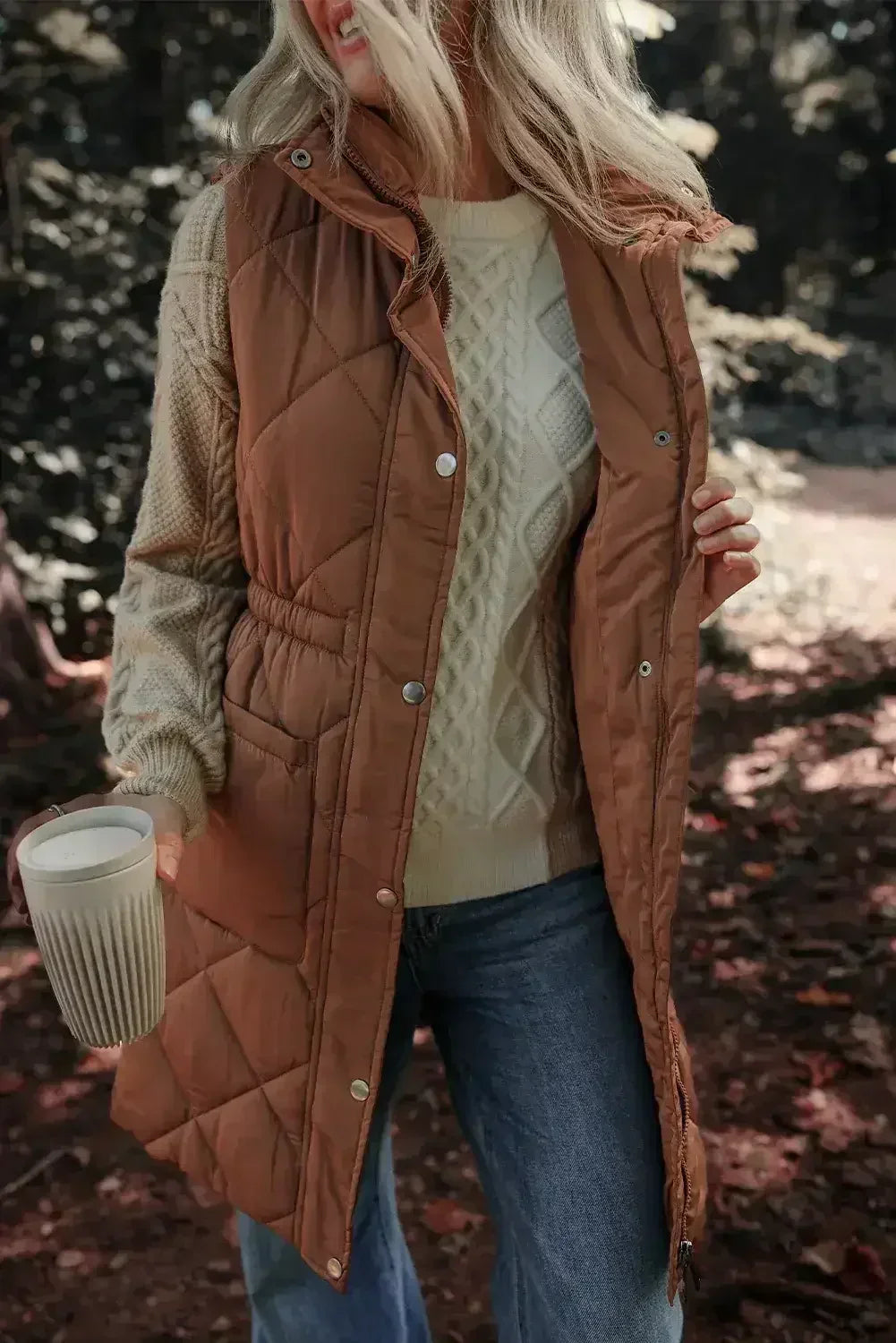 Coffee Puffer Quilted Stand Collar Pocketed Vest Coat - Femstylo