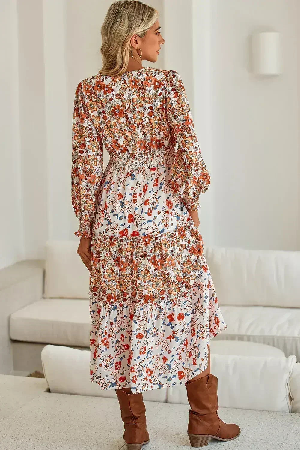 Khaki Floral Print Ruffled Tiered Long Sleeve V Neck Midi Dress - Femstylo