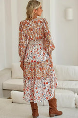 Khaki Floral Print Ruffled Tiered Long Sleeve V Neck Midi Dress - Femstylo