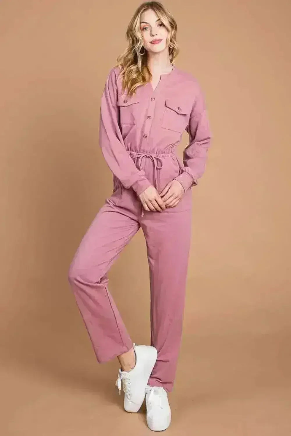 Culture Code Full Size Button Up Drawstring Waist Straight Jumpsuit - Femstylo