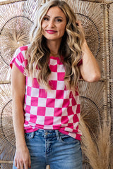 Rose Checkered Pattern Cap Sleeve Knitted Top