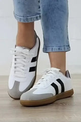 White Striped Lace Up Flat Sneakers - Femstylo