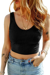 Black Solid Color Ribbed Knit Crop Tank Top - Femstylo