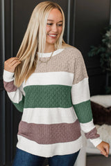Green Mixed Texture Knit Striped Color Block Loose Sweater