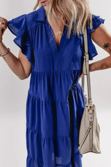 Bluing Ruffled Short Sleeve Collared V Neck Tiered Midi Dress - Femstylo