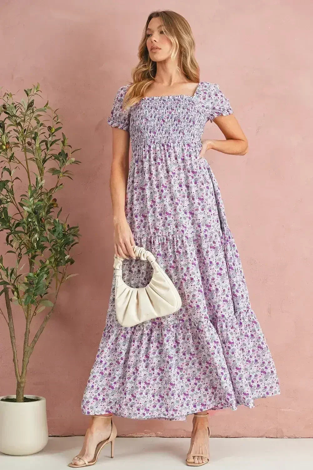 Purple Floral Short Bubble Sleeve Smocked High Waist Maxi Dress - Femstylo