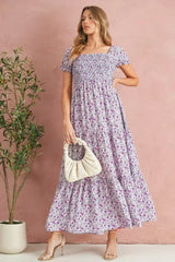 Purple Floral Short Bubble Sleeve Smocked High Waist Maxi Dress - Femstylo