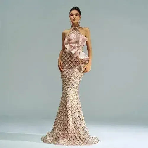 “Champagne Glam” Halter Mermaid Dress – Luxury for Elite Occasions - Femstylo