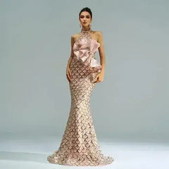 “Champagne Glam” Halter Mermaid Dress – Luxury for Elite Occasions - Femstylo